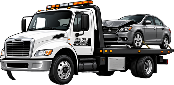 Our flatbed tow truck loaded with a junk car we bought in Palatine